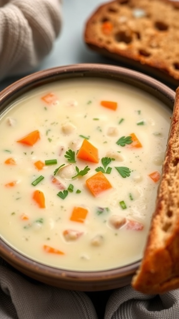 A bowl of creamy cauliflower vegetable soup with carrots and herbs, served with crusty bread in a cozy kitchen.